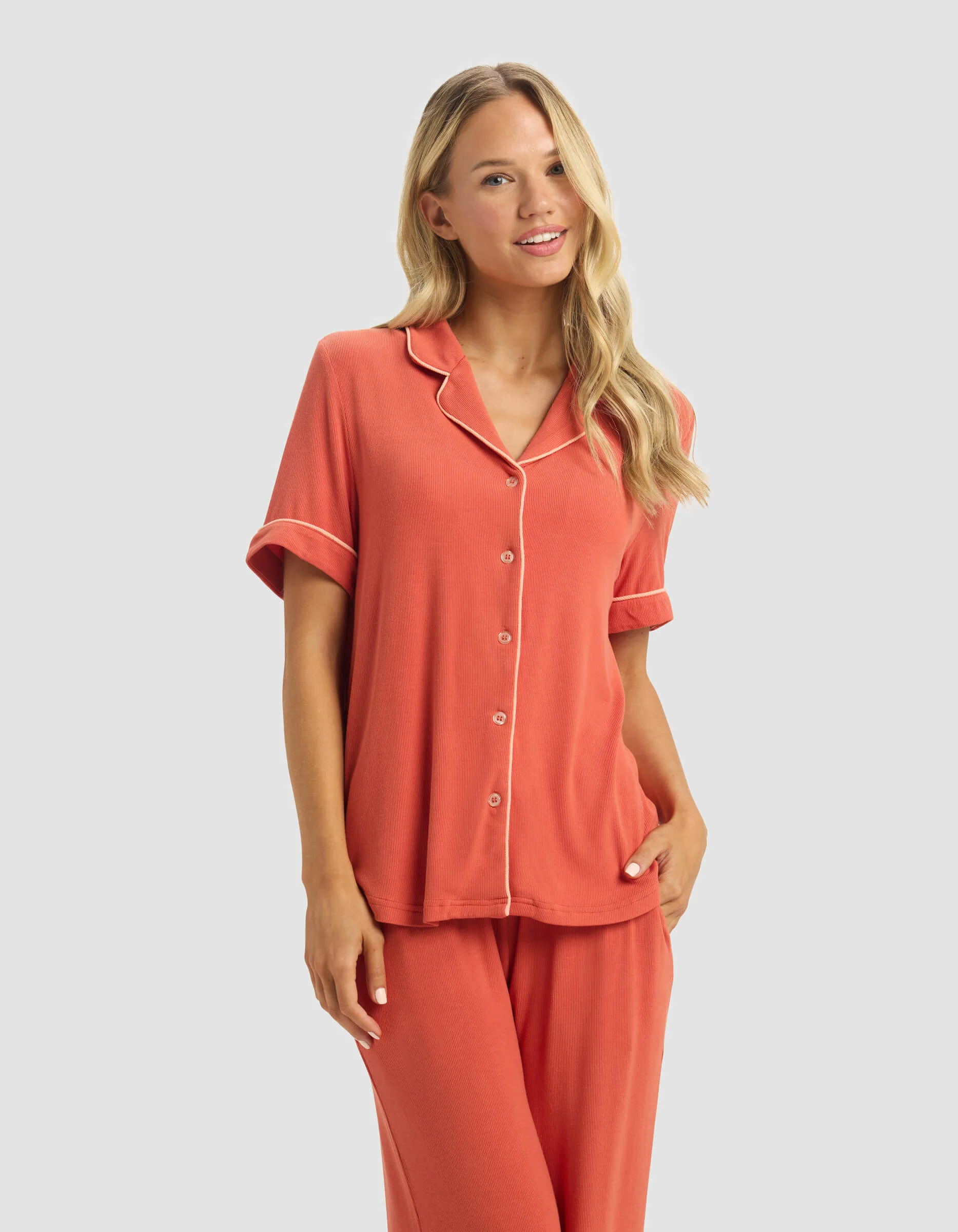 Women's Bamboo Rib-Knit Classic Short Sleeve & Pant Pajama Set - Last Chance - Image 11