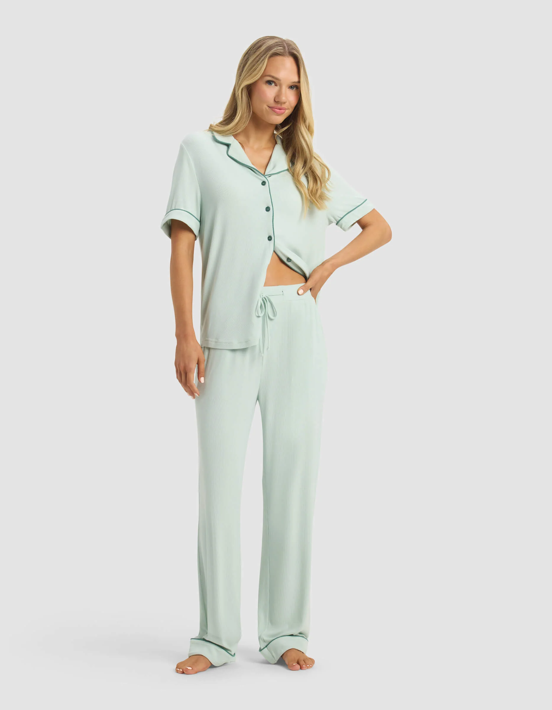 Women's Bamboo Rib-Knit Classic Short Sleeve & Pant Pajama Set - Last Chance